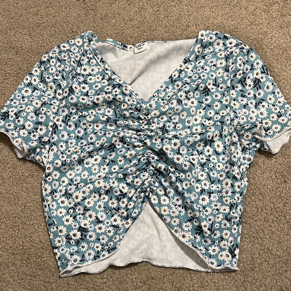 SHEIN teens patterned, scrunched crop top.